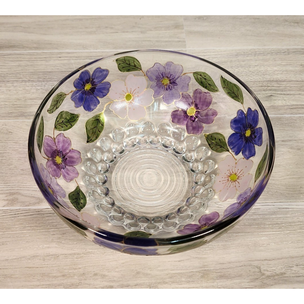 Handpainted Arc France Glass Bowl Purple & Pink Flowers Floral Spring EUC